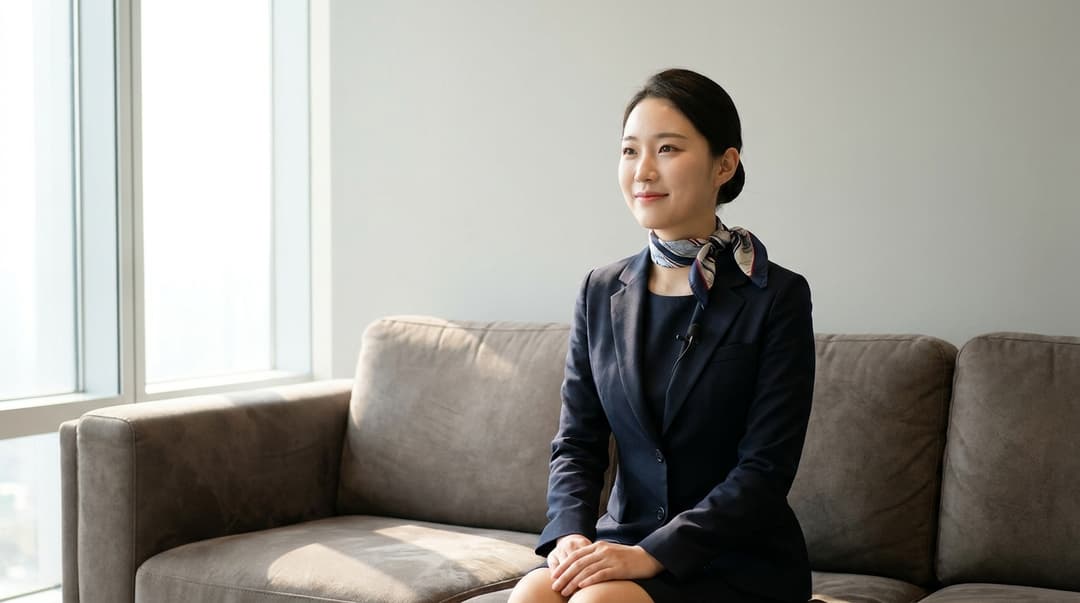 유니폼을 입고 인터뷰 중인 외항사 승무원