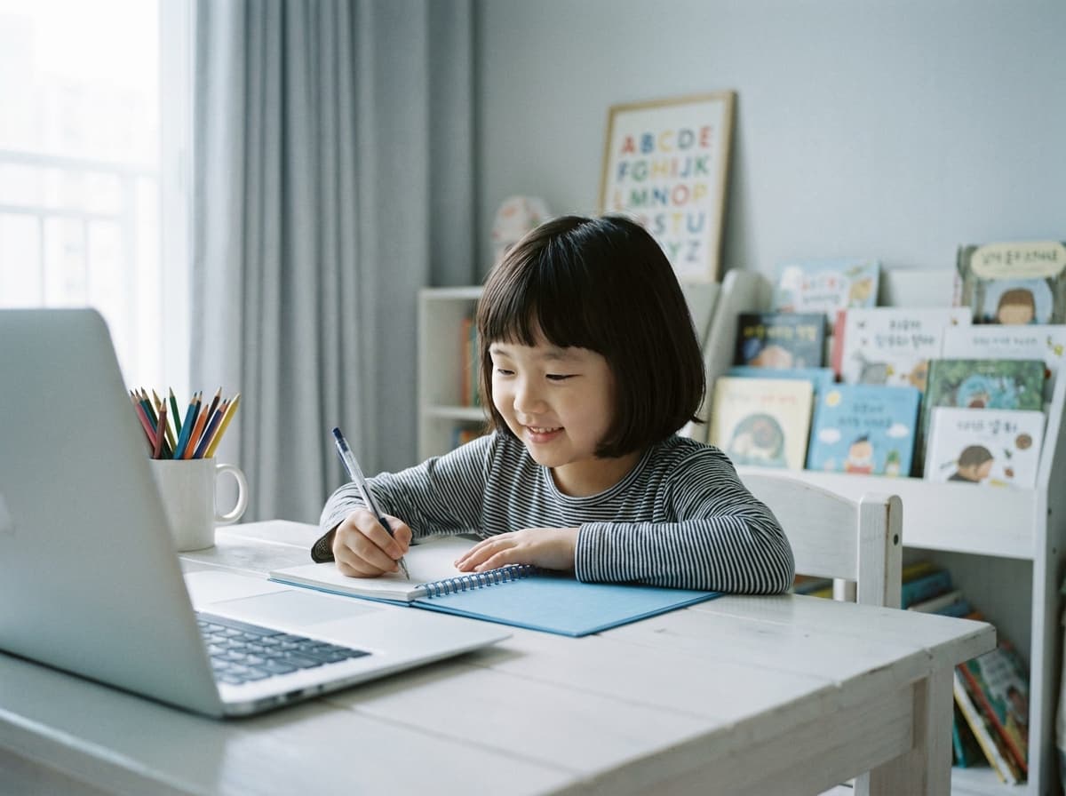 노트북 앞에서 필기하며 즐겁게 화상 영어 수업 중인 아이