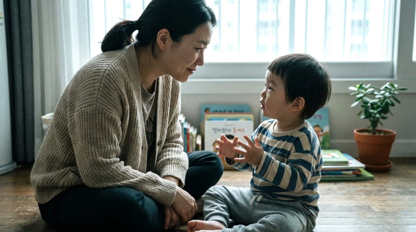 아이와 눈을 맞추고 대화를 주고받는 부모 — 뇌를 바꾸는 것은 들은 양이 아니라 주고받은 횟수다