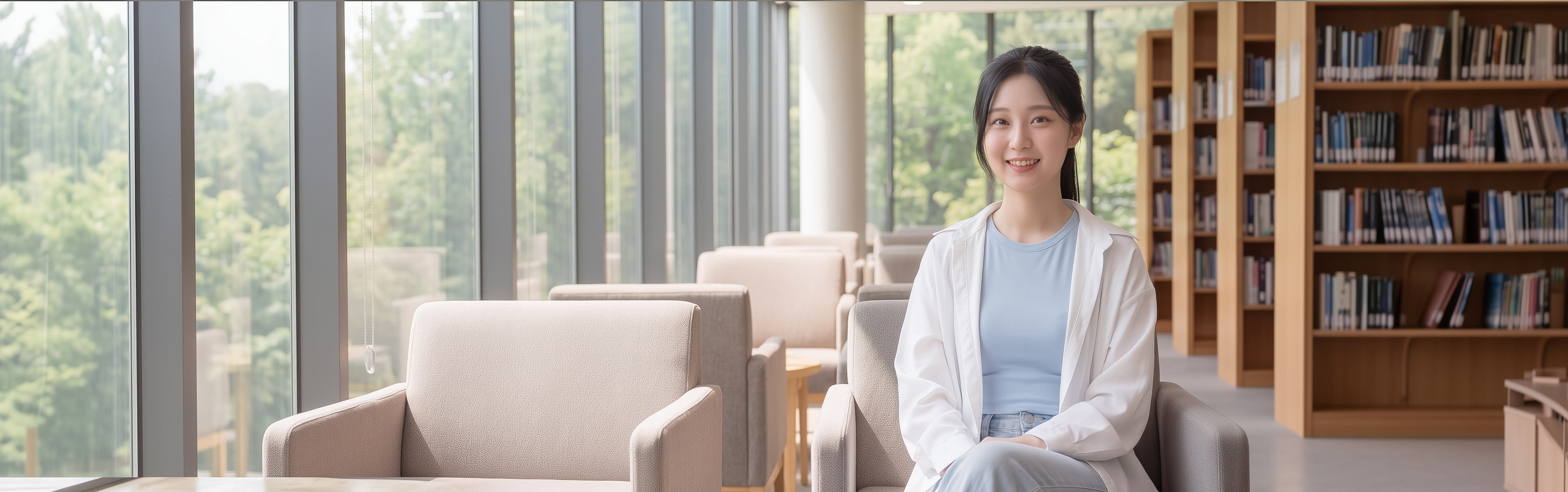 라운지에서 미소 짓고 있는 플라즈마 영어 학생